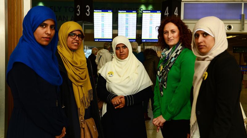 Sinn Féin’s Lynn Boylan MEP with Ibrahim Halawa’s sisters  at Dublin Airport enroute to a public hearing in the European Parliament in 2015. Photograph: Cyril Byrne