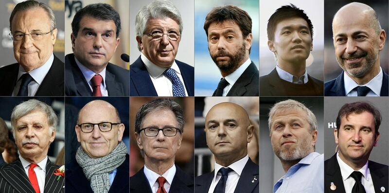 The owners or chairmen of the 12 European clubs that announced a breakaway European Super League: Real Madrid’s Florentino Perez, FC Barcelona’s Joan Laporta, Atletico Madrid’s Enrique Cerezo, Juventus’s Andrea Agnelli, Inter Milan’s Steven Zhang, AC Milan’s Ivan Gazidis, Arsenal’s Stan Kroenke, Manchester United’s Joel Glazer, Liverpool’s John W Henry, Tottenham Hotspur’s chairman Daniel Levy, Chelsea’s Roman Abramovich, and Manchester City’s Ferran Soriano. Photograph: Getty Images