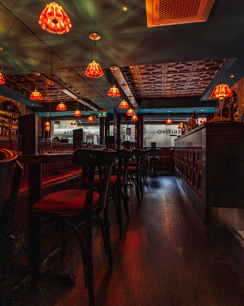 Raffaele Celentano’s famous Campari pendant lights and table lamps at Aperitivo Cicchetti