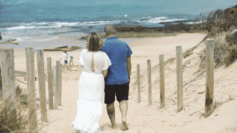 Toadie and Sonya Rebecchi arrive at the beach during Sonya’s final episode of Neighbours in March 2019. Photograph: Channel 5