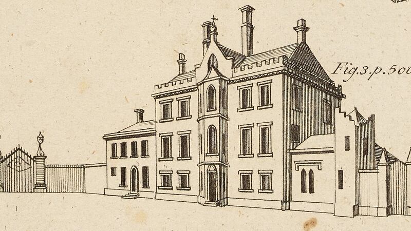 Illustration of the castle in Old Rathmines, from the Gentleman’s Magazine, 1789 (National Library of Ireland). It was by then in use as a school and was built over by Palmerston Park in 1870.