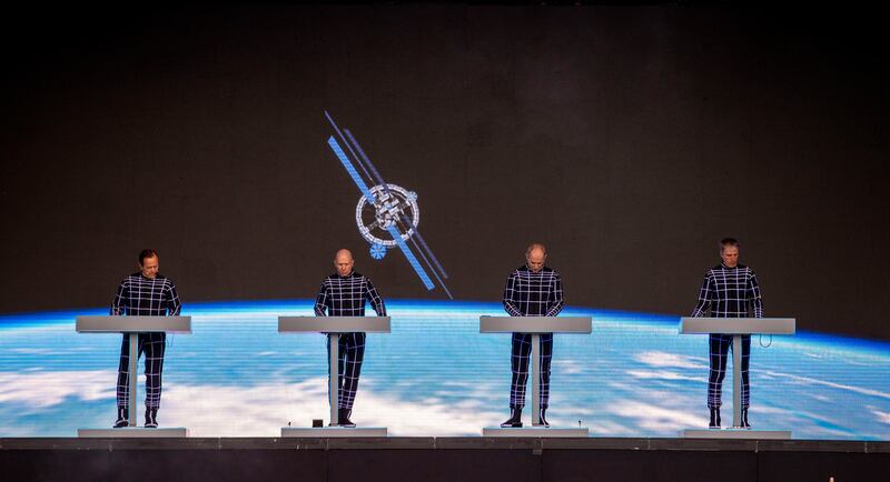 Ralf Hütter, Fritz Hilpert, Henning Schmitz and Falk Grieffenhagen of Kraftwerk perform at Trinity College Dublin. Photograph: Tom Honan