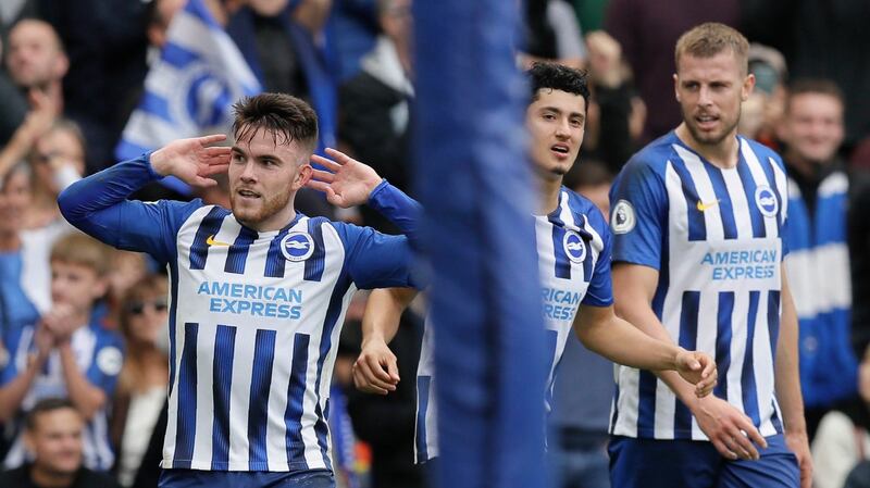 Aaron Connolly celebrates after scoring his side’s second goal against Spurs. Photograph: Kirsty Wigglesworth/AP Photo