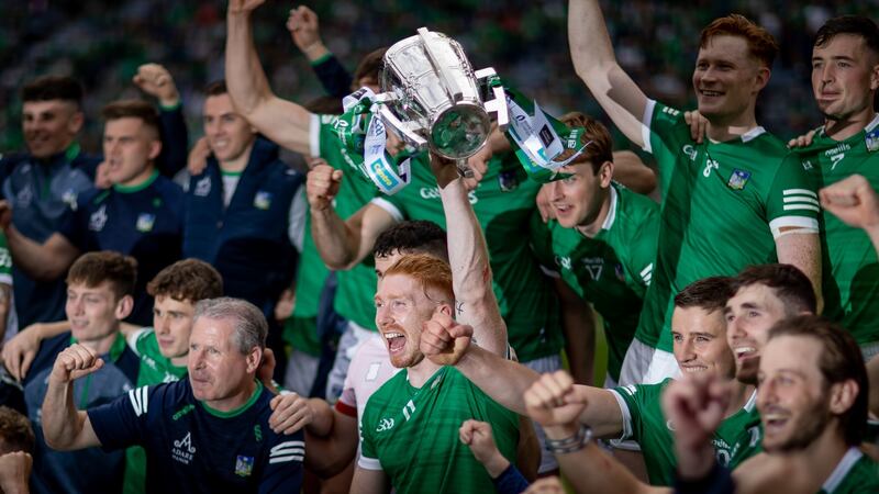 Limerick’s Cian Lynch celebrates with the Liam MacCarthy cup. Photograph: Morgan Treacy/Inpho
