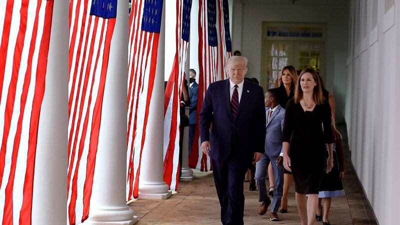 US president Donald Trump and Judge  Amy Coney Barrett moments before he announced her as his supreme court nominee at the White House on Septmber 26th. Photograph: Olivier Douliery/AFP via Getty Images