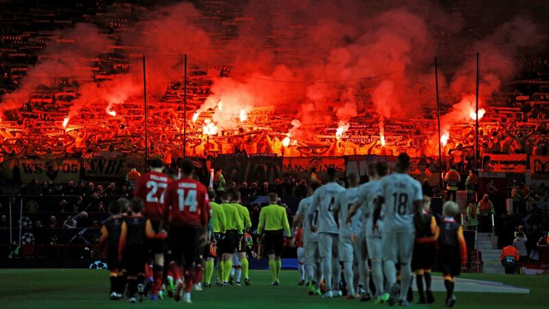 Young Boys fans at Old Trafford ahead of their side’s clash with Manchester United. Photograph: Phil Noble/Reuters