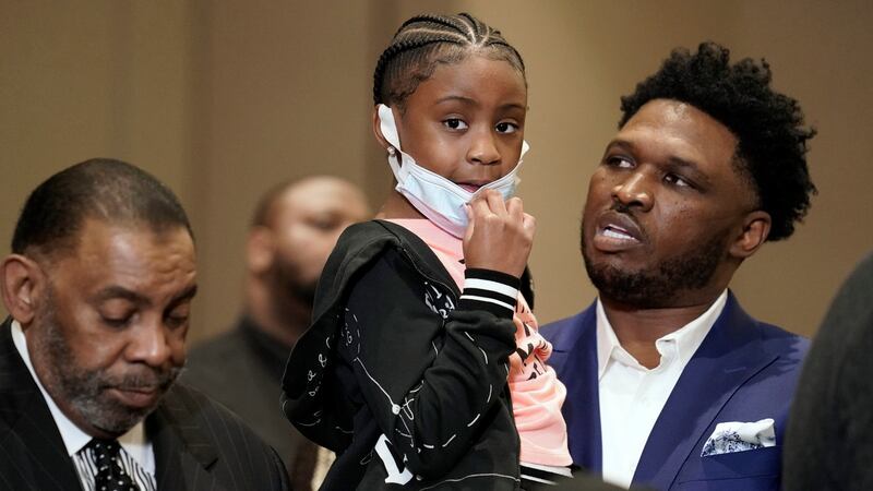 Gianna Floyd, the daughter of George Floyd, joins family and supporters during a news conference on Tuesday after the verdict was read in the trial of former Minneapolis police officer Derek Chauvin. Photograph: John Minchillo/AP