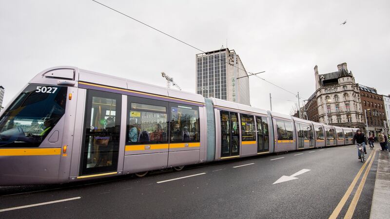 Luas number 5027, a 55-metre tram, photographed on O’Connell Bridge on Thursday morning. Photograph: Brenda Fitzsimons.