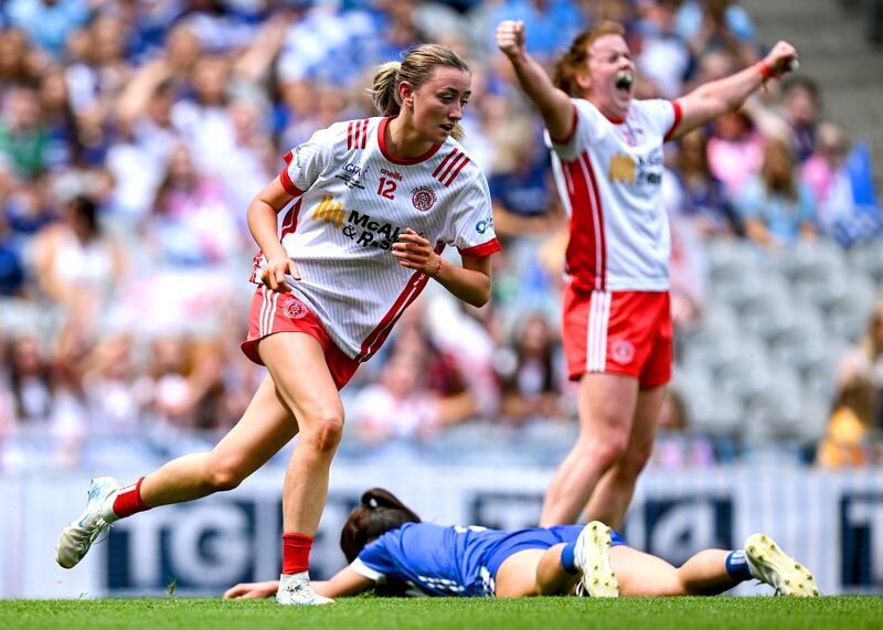Aoife Horisk scores a goal Tyrone. Photograph: Shauna Clinton/Sportsfile