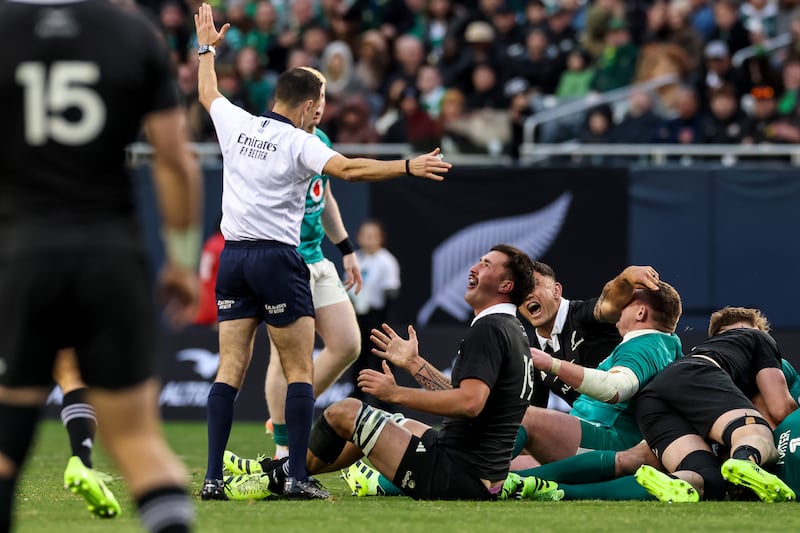 New Zealand’s Josh Lord contests a call made by referee Pierre Brousset during the Soldier Field Test between Ireland and New Zealand. Photograph: Gary Carr/Inpho