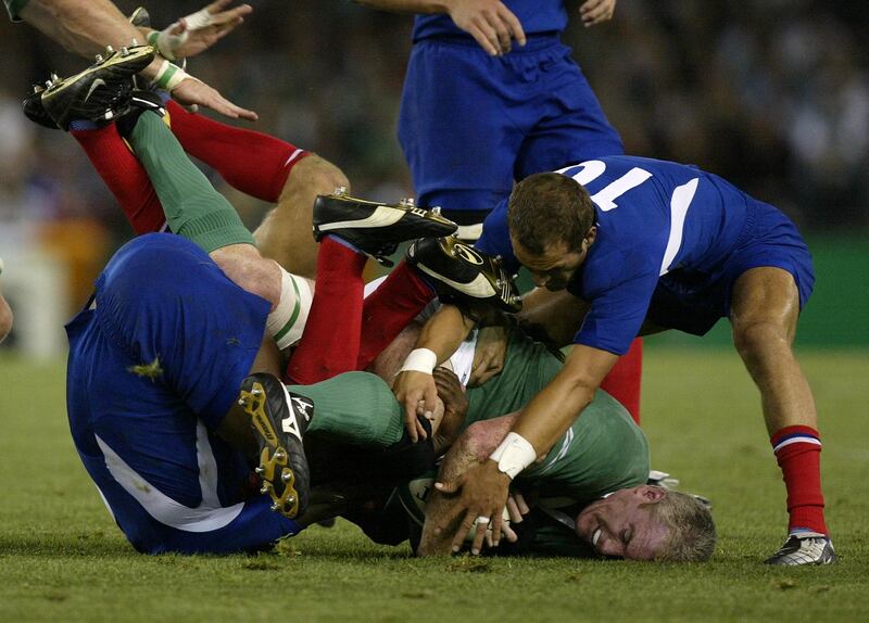 Ireland's Victor Costello is tackled during the 43-21 defeat to France in the 2003 World Cup quarter-final in Melbourne. Photograph: Billy Stickland/Inpho 