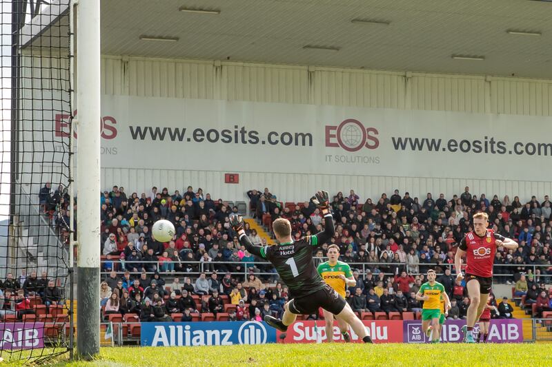 Down’s Liam Kerr scores a goal. Photograph: Morgan Treacy/Inpho
