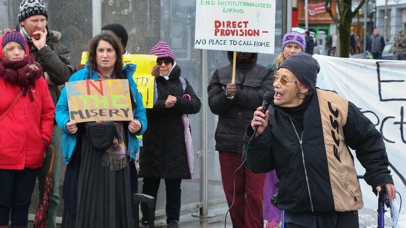 Anti-war and anti-racism activist Margaretta D’Arcy speaking to the people a the Galway Anti-Racism Network march on Saturday. Photograph: Joe O’Shaughnessy