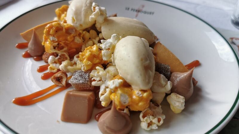 Le Perroquet’s Cinema-inspired dessert of caramel, chocolate and popcorn, €8.