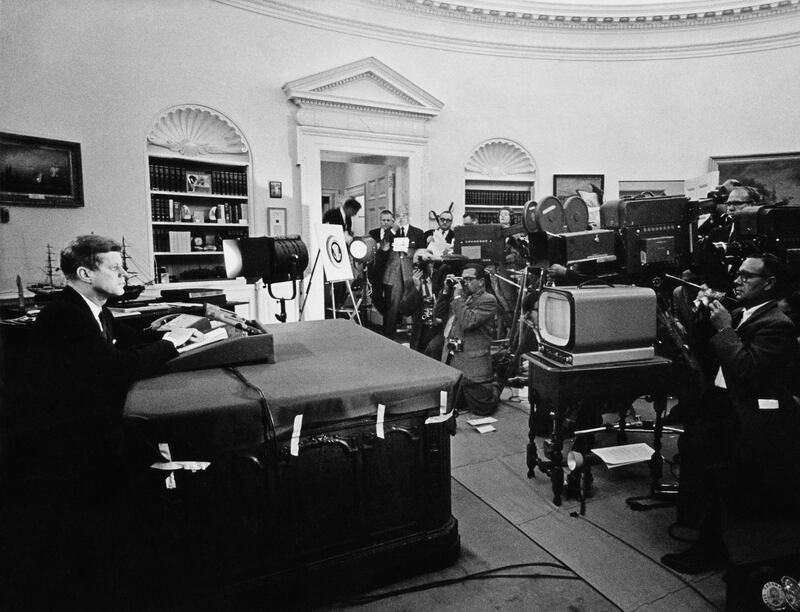 Cuban missile crisis: President Kennedy addresses the media in the Oval Office in October 1962. Photograph: Keystone/Getty