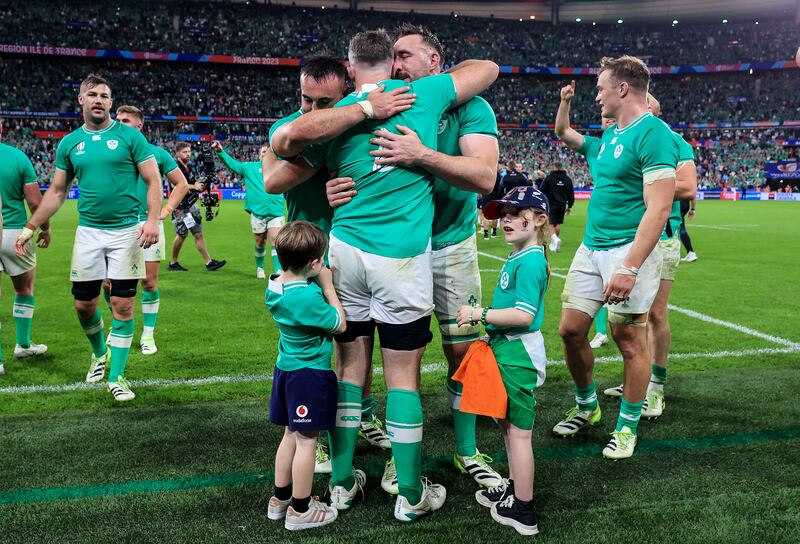 Ireland's Peter O'Mahony, Ronan Kelleher and Jack Conan celebrate the win over Scotland. Photograph: Dan Sheridan/Inpho