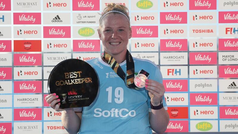 Ireland’s Ayeisha McFerran with her Silver Medal and her Best Goalkeeper of the Tournament Award after the World Cup final against the Netherlands in London. Photograph:  Christopher Lee/Getty Images