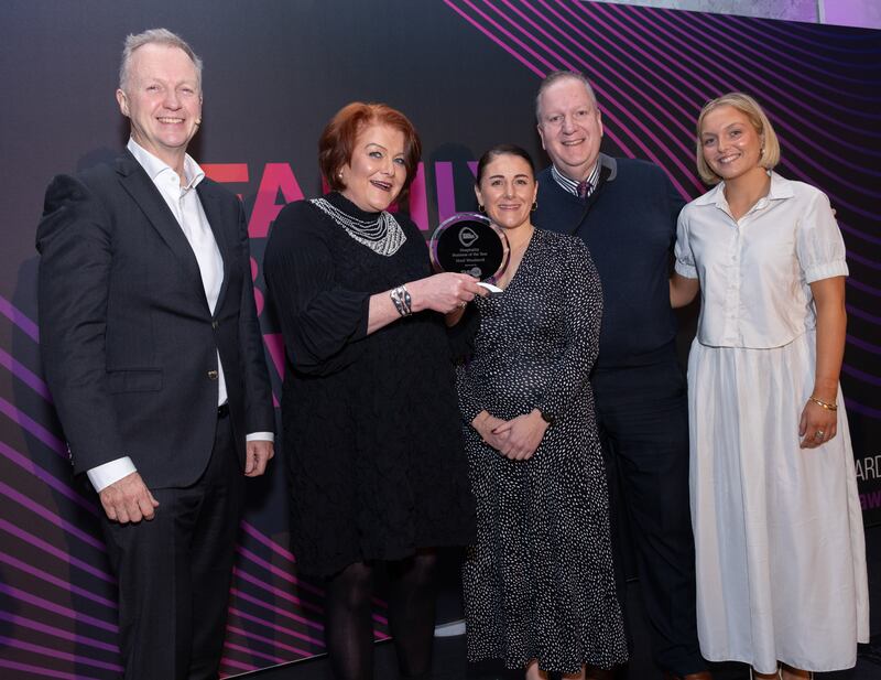 Matt Cooper, Today FM and Michelle Gutherie, Skillnet
Ireland presenting the winners of Hospitality Business Of the Year Hotel Woodstock – Sean Lally, Elaine Lally, Caoimhe Lally. Photograph: Paul Sherwood
