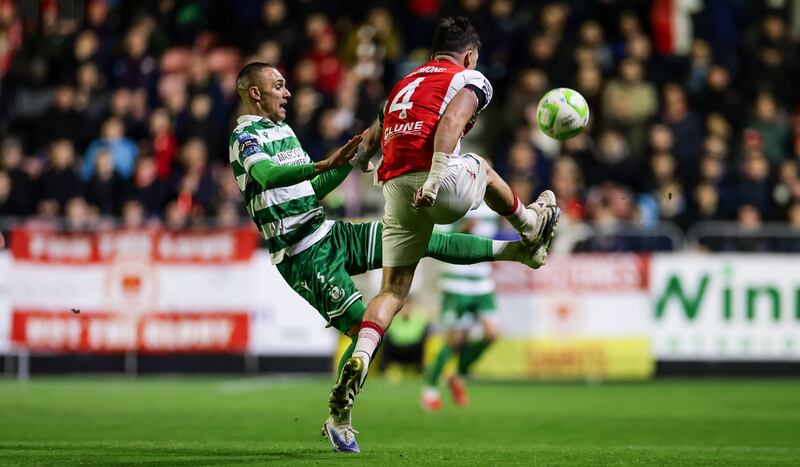 Shamrock Rovers’ Graham Burke in action against St Pat's Joe Redmond. Photograph: Nick Elliott/Inpho