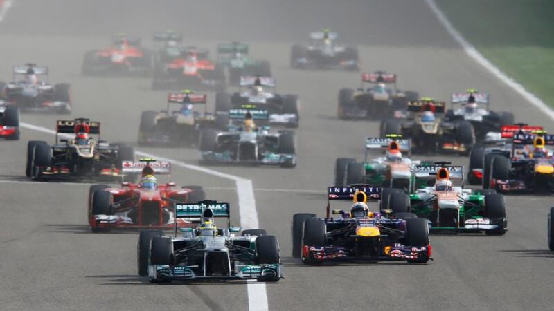 Mercedes Formula One driver Nico Rosberg of Germany (front left) leads from the start  at the Sakhir circuit. Photograph: Hamad I Mohammed/Reuters