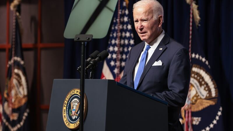 US Joe Biden speaks while visiting the National Institutes of Health (NIH) in Bethesda, Maryland,  on Thursday. Photograph: Oliver Contreras/Sipa/Bloomberg