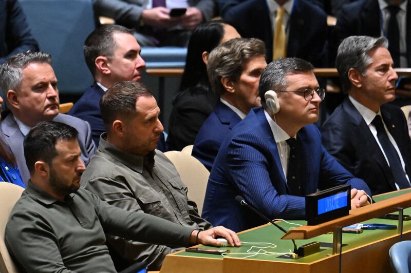 Ukrainian president Volodymyr Zelenskiy (left) and prosecutor general of Ukraine Andriy Kostin (second from left) at the UN headquarters in New York City on September 19th, 2023. Photograph: Jim Watson/AFP via Getty