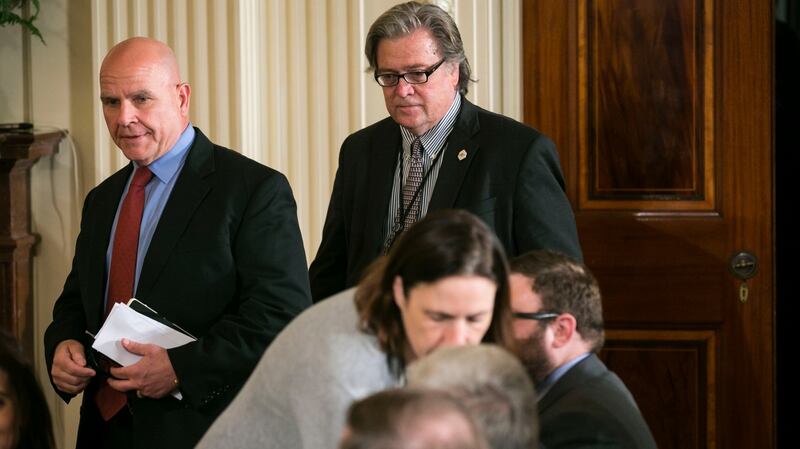 Stephen Bannon with General HR McMaster, Donald Trump’s national security adviser. Bannon’s disdain for  McMaster accelerated his demise, sources say. Photograph: Al Drago/New York Times