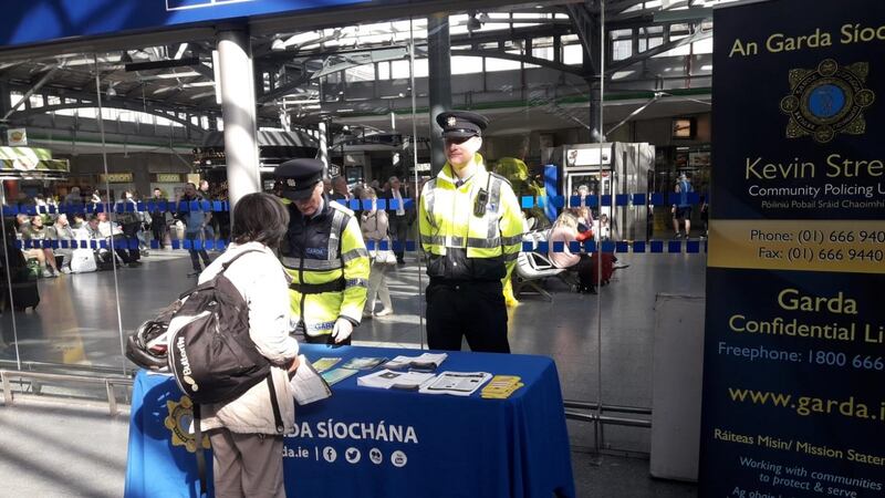 Gardaí manning an information point at Dublin’s Heuston Station on Friday as part of Operation Twintrack. Photograph: An Garda Síochána.