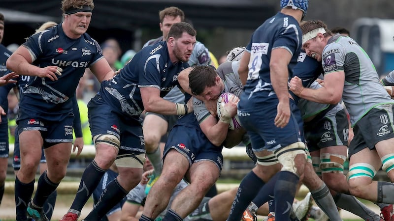 Connacht’s Eoghan Masterson is held up short of the try line. Photograph: Bryan Keane/Inpho