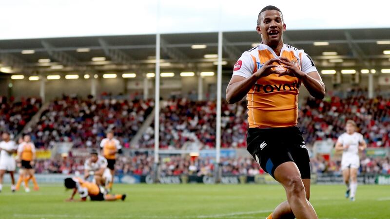 Clayton Blommetjies celebrates scoring the Cheetahs’ first try in Pro 14 rugby against Ulster. Photograph: James Crombie/Inpho