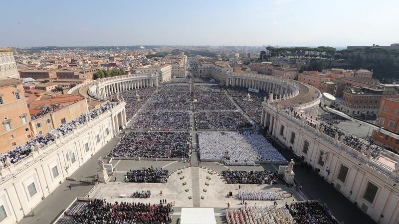 General view of Pope Francis leading a Mass for the canonisation of the Pope Paul VI and El Salvador’s Archbishop Oscar Romero at the Vatican on Sunday. Photograph: Reuters