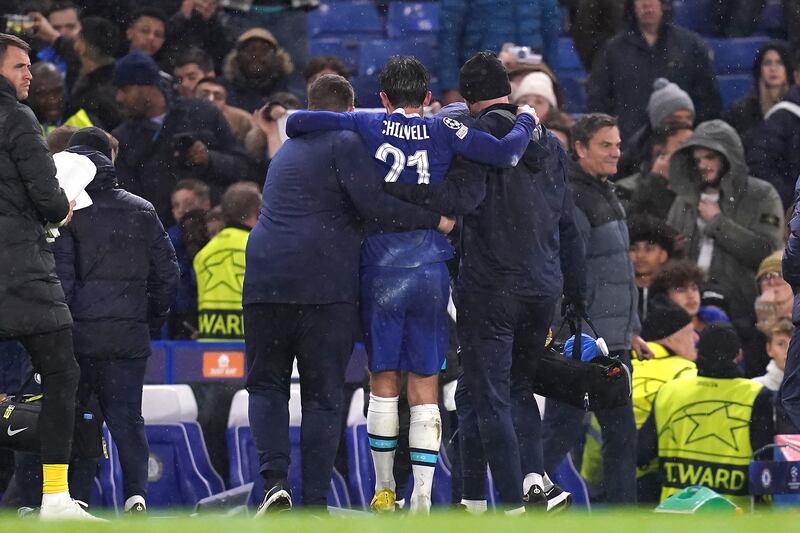 Chelsea's Ben Chilwell is helped off the field by the medic staff after picking up a possible injury at Stamford Bridge - a possible worry for England ahead of the World Cup. Photograph: PA