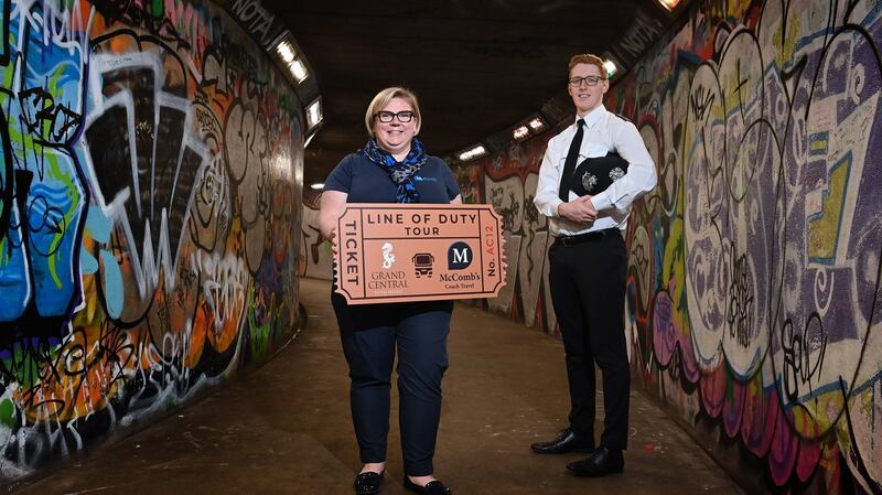 Caroline McComb from McComb’s Coach Travel and Cáelán McVeigh from Belfast’s Grand Central Hotel launch the new Line of Duty Experience. Photograph: Stephen Hamilton/Press Eye