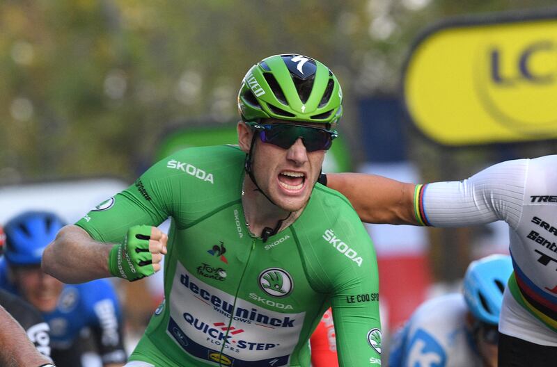 Sam Bennett (Ireland) celebrates winning the green jersey. Photograph: Faugere Franck/Inpho