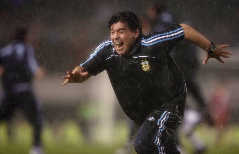 Diego Maradona, head coach of Argentina, celebrates his team's second goal during their World Cup 2010 qualifying match against Peru in Buenos Aires on October 10th, 2009. Photograph: Marcos Brindicci/Reuters