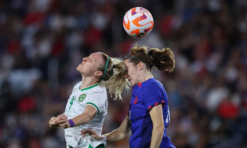 USA’s Tierna Davidson with Louise Quinn of Ireland. Photograph: Ryan Byrne/Inpho