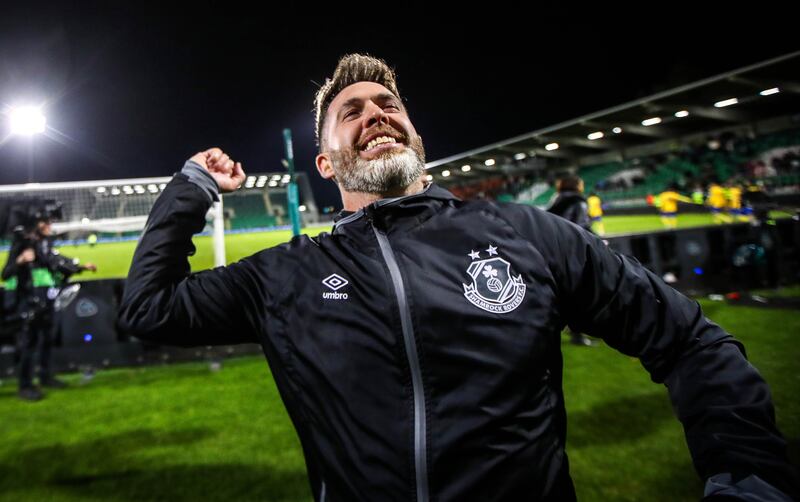Shamrock Rovers’ head coach Stephen Bradley celebrates after the draw against Apoel in the Europa Conference League at Tallaght Stadium. Photograph: Ryan Byrne/Inpho 