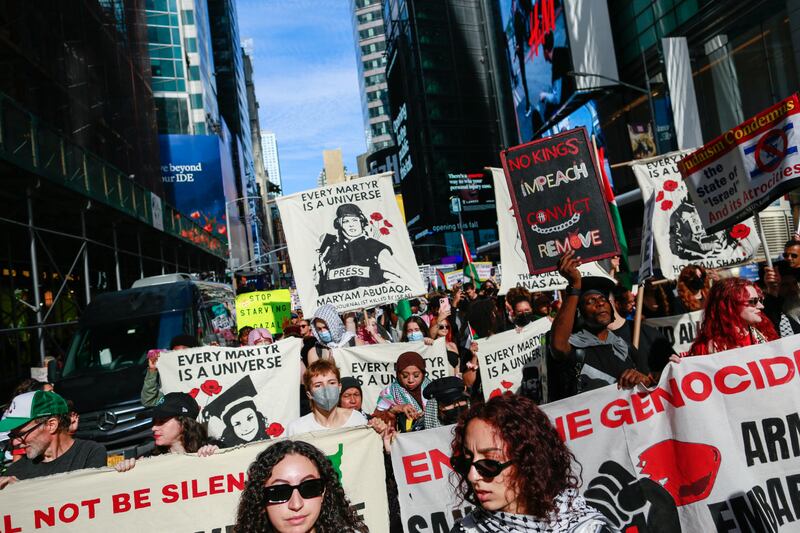 People take part in a march against Israeli prime minister Binyamin Netanyahu as he addressed the United Nations General Assembly in New York. Photograph: Kena Betancur/AFP via Getty Images         