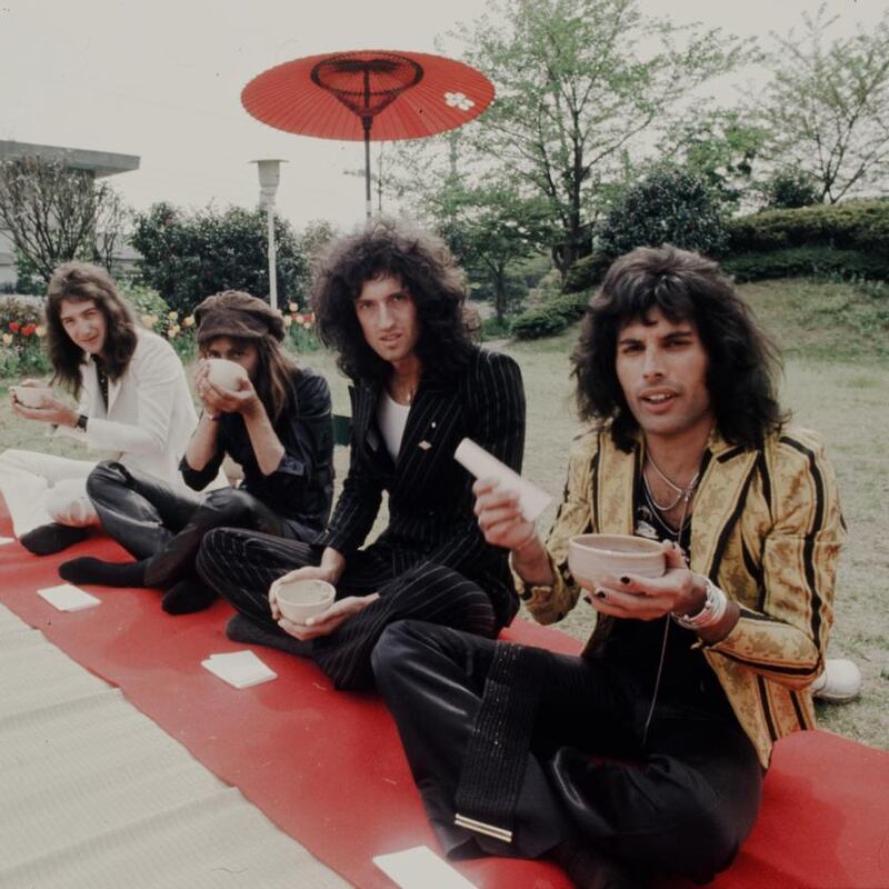 Queen in a hotel garden, Tokyo, Japan, April 22nd, 1975. Photograph: Koh Hasebe/Shinko Music/Getty Images