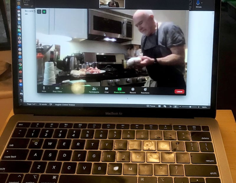 Bill Buford poaching a chicken via Zoom. Photograph: Pete Wells/New York Times