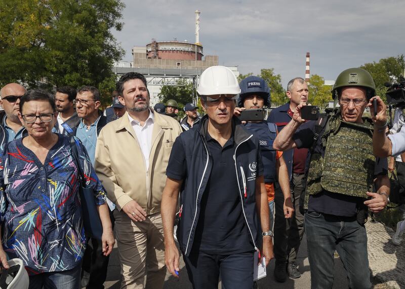 International Atomic Energy Agency director-general Rafael Mariano Grossi (centre) and International Atomic Energy Agency members inspect the Zaporizhzhia plant on Thursday. Photograph: Yuri Kochetkov