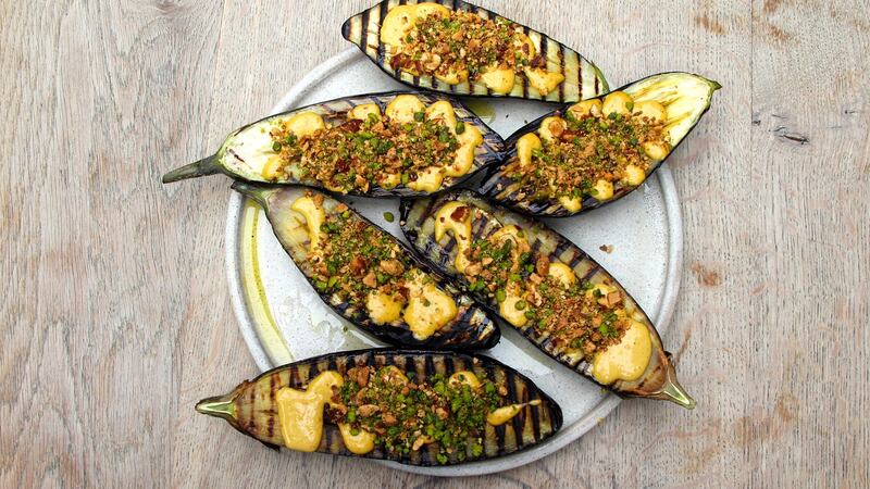 Grilled aubergine with tahini and dukkah