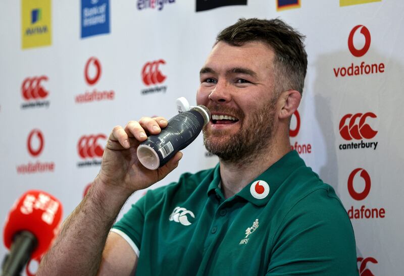 Peter O'Mahony takes a drink during a press conference at the Aviva Stadium. Photograph: Andrew Conan/Inpho               