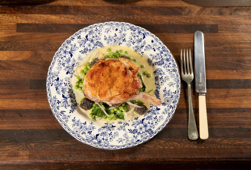 Bacon chop with petit pois à la Irlandaise. Photograph: Patrick Browne