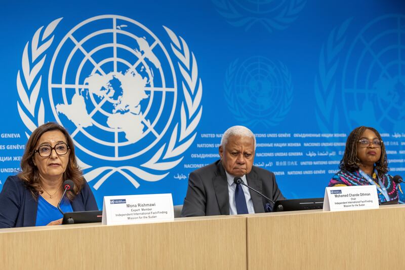 The United Nations fact-finding mission’s expert member Mona Rishmawi, left, its chairman Mohamed Chande Othman and expert member Joy Ngozi Ezeilo present its first investigative report into the Sudan conflict in Geneva, Switzerland. Photograph: Salvatore Di Nolfi/Keystone via AP
