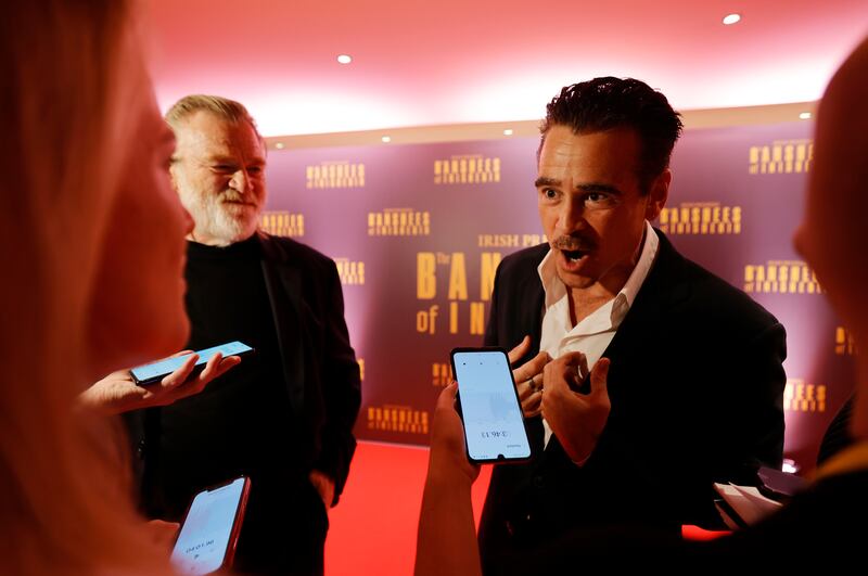 Brendan Gleeson and Colin Farrell speaking to media at the premiere of The Banshees of Inisherin. Photograph: Alan Betson
