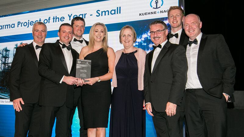 Tom Tobin, Customers Relations Director, Micro-Bio Ireland, presents the Pharma Project of the Year - Small award to the Cross Site Solvent Recovery Business - Pfizer Ringaskiddy team