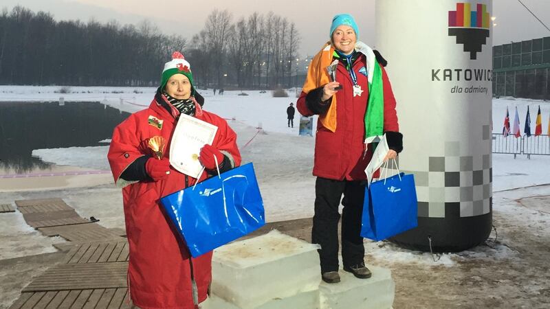 Tiffiny Quinn, on the medal rostrum after ice swimming in Poland. Photograph: Searon McGrattan