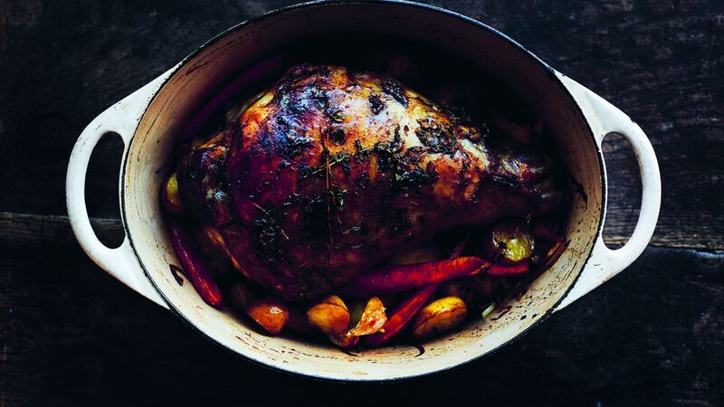 Slow-cooked leg of lamb with sherry and autumn vegetables