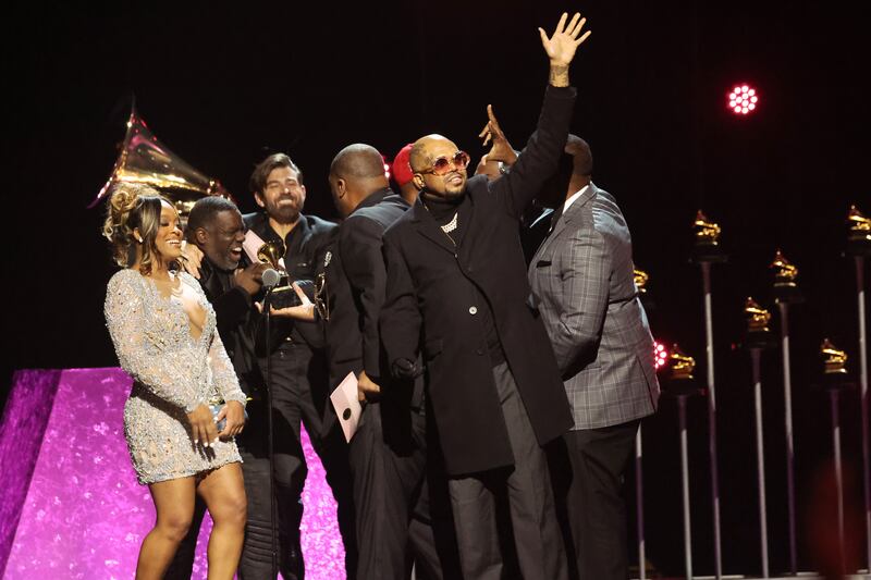 Killer Mike and DJ Paul, after winning the best rap song award for Scientists & Engineers. Photograph:  Amy Sussman/Getty Images